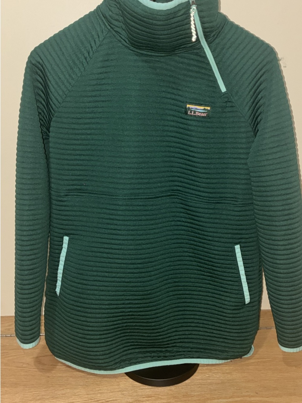 L.L. Bean Men's Ribbed Turtleneck Sweater in Dark Green with Light Aqua Trim